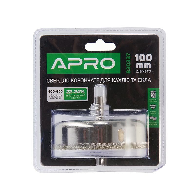 Сверло трубчатое Apro с алмазным напылением для стекла и кафеля 100 мм (830337) - фото 2 Сверло трубчатое Apro с алмазным напылением для стекла и кафеля 100 мм (830337) - фото 2