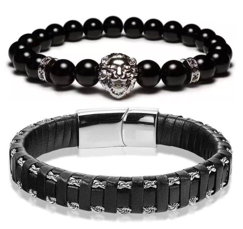 Комплект браслетів зі шкіри та агату з срібною застібкою левом та дисками р. 16,5 (12081)