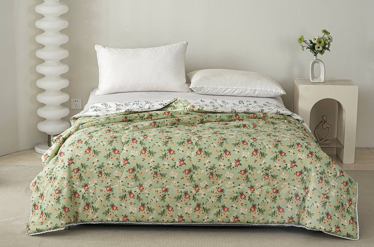 Ковдра в стилі романсу у квіточку 200х230 см Зелений із помаранчевим