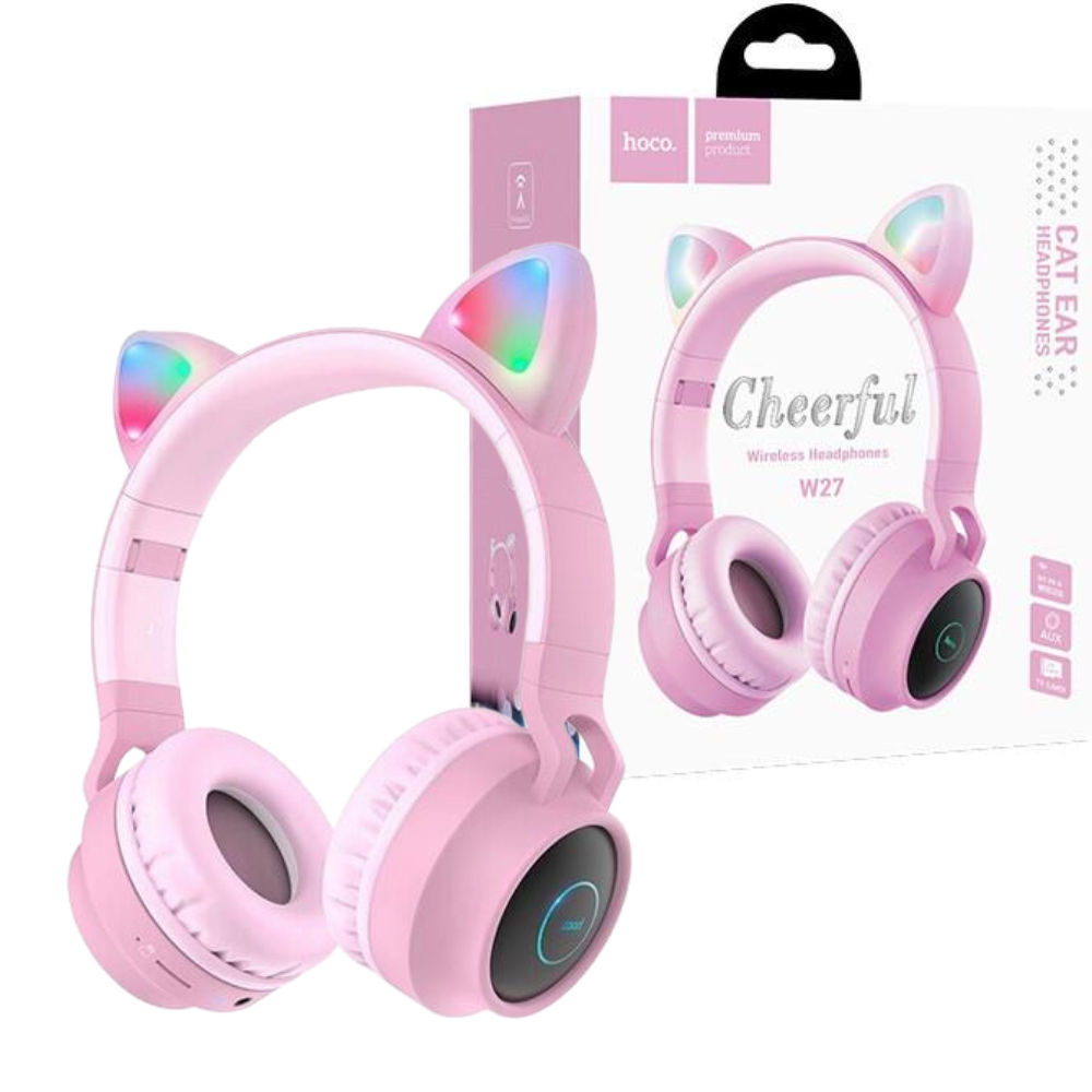 Наушники детские беспроводные Hoco Bluetooth с светящимися ушками Розовый (W27)
