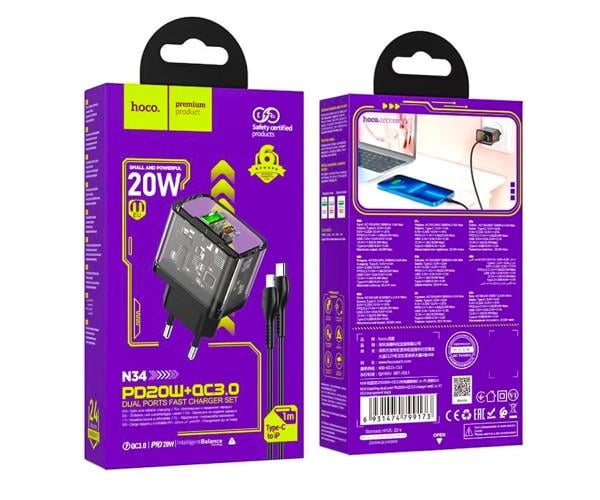 Устройство сетевое зарядное Hoco N34 Dazzling PD20W/QC3.0 Type-C to Lightning 1 м Black - фото 5 Устройство сетевое зарядное Hoco N34 Dazzling PD20W/QC3.0 Type-C to Lightning 1 м Black - фото 5