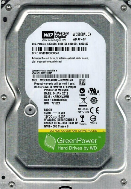 Накопичувач HDD Western Digital WD5000 AVDS AV-GP 500 Gb 32 Mb SATA 300, 3,5" (22051533)