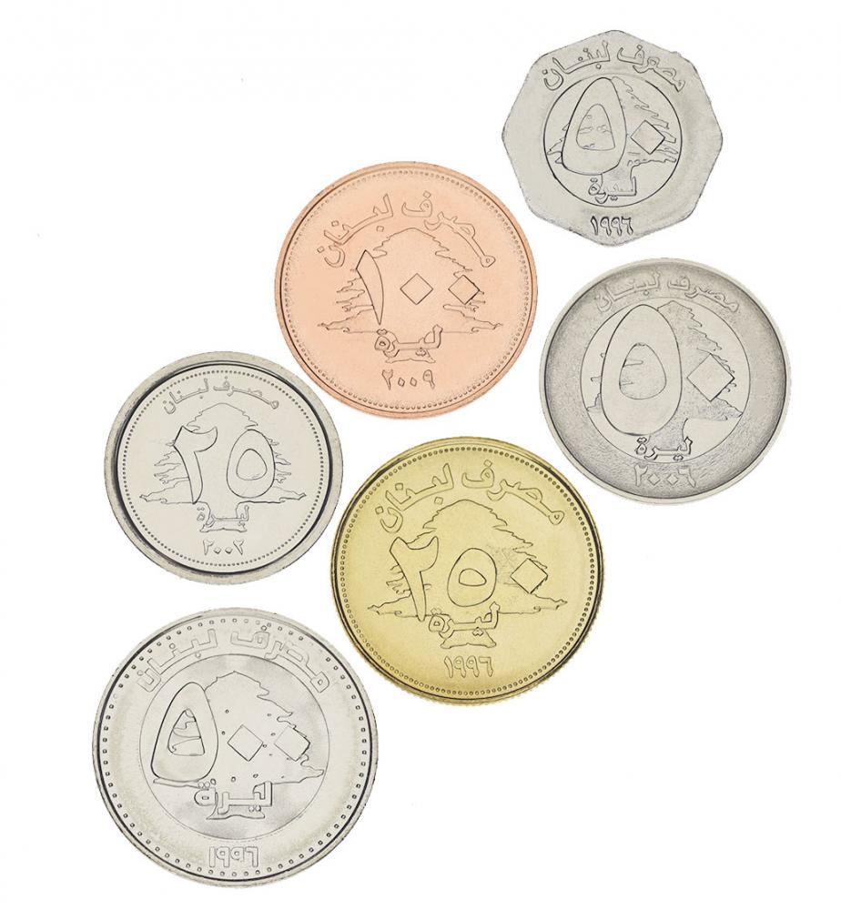 Коллекционные монеты Ливан 6 шт. 1996-2017 UNC 25/50/50/100/250/500 фунтов (М05193)