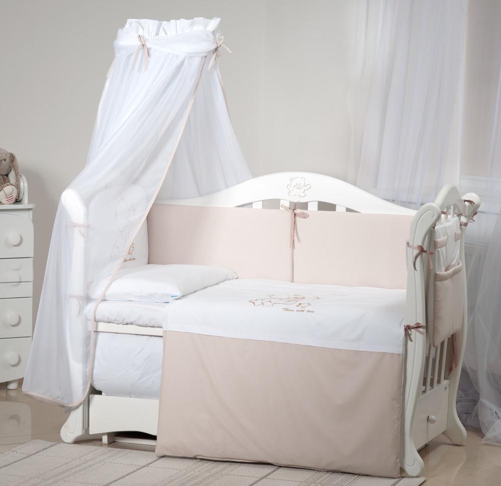 Комплект постельного белья для детской кроватки Twins Dolce D-009 Loving 8 элементов Бежевый/Белый (T6383)