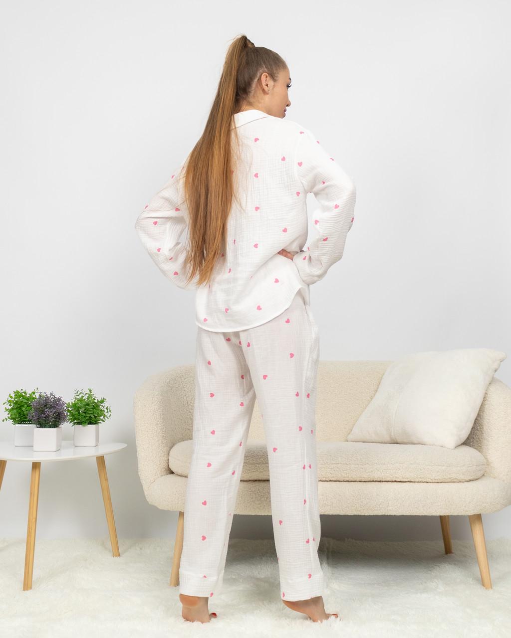 Пижама женская костюм домашний из муслина рубашка со штанами Розовые сердца (2107417526) - фото 3 Пижама женская костюм домашний из муслина рубашка со штанами Розовые сердца (2107417526) - фото 3