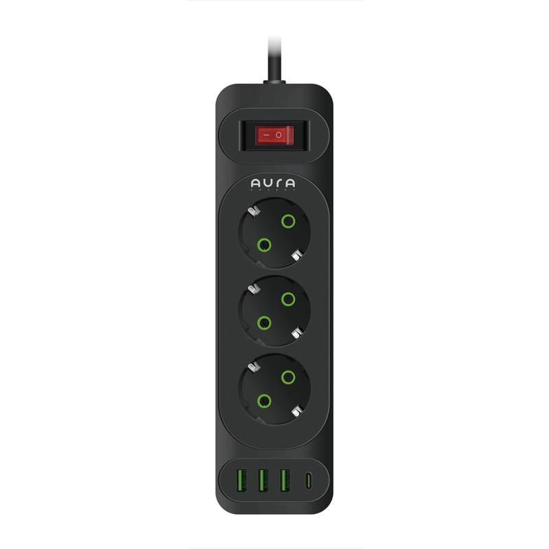 Фільтр-подовжувач Aura Energy 3/3 USB-A/USB-C/PD 2 м Black