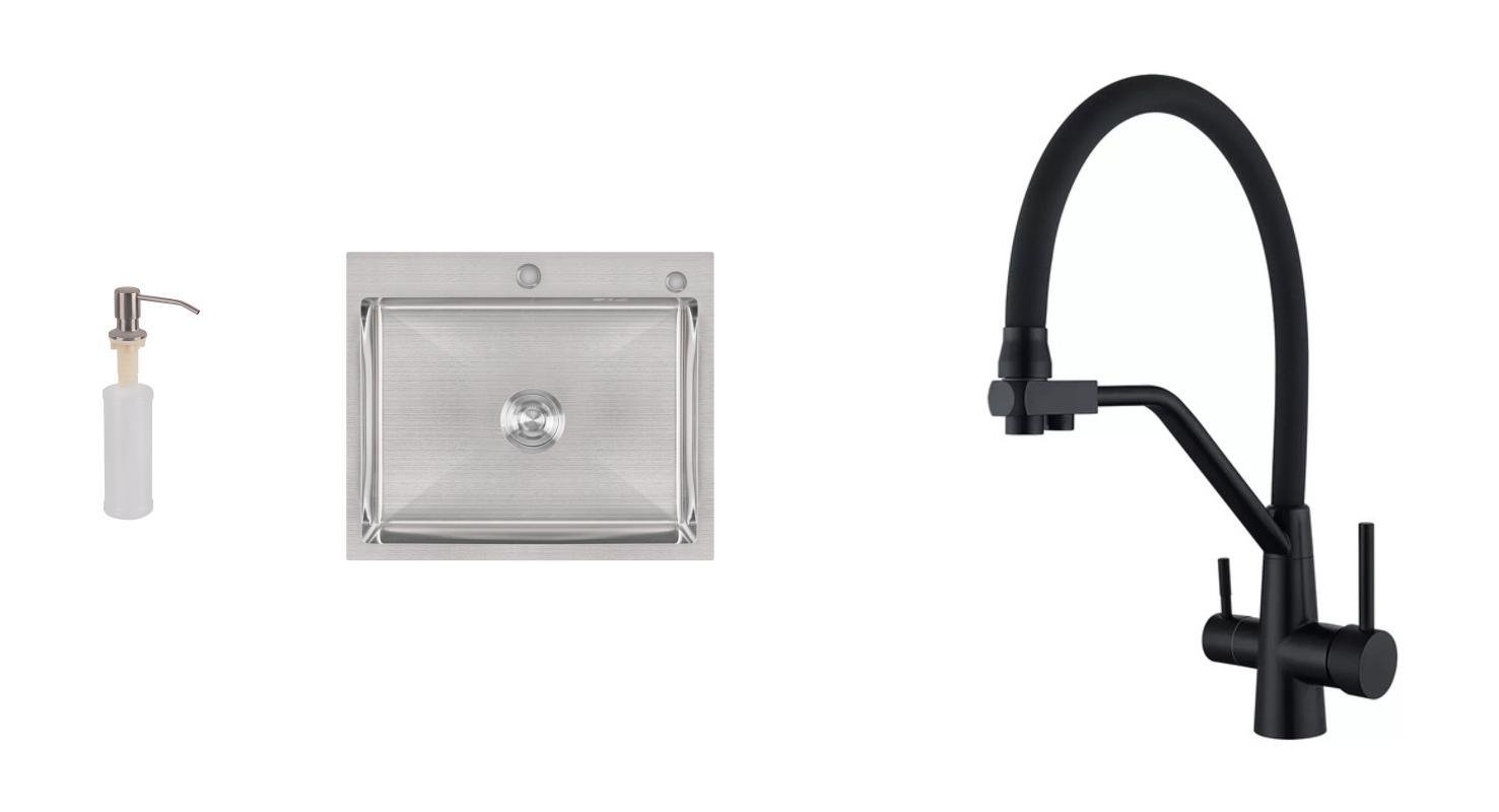 Мойка для кухни из нержавеющей стали Lidz PWAMB6050 с дозатором и смесителем под осмос с гибким гусаком Черный матовый (27262620)