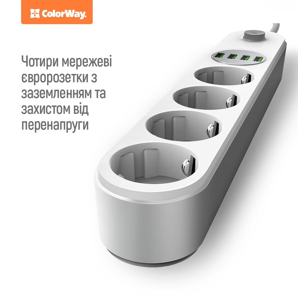 Фильтр-удлинитель cетевой СolorWay 4 розетки/4 USB White (CW-CHE44W) - фото 5