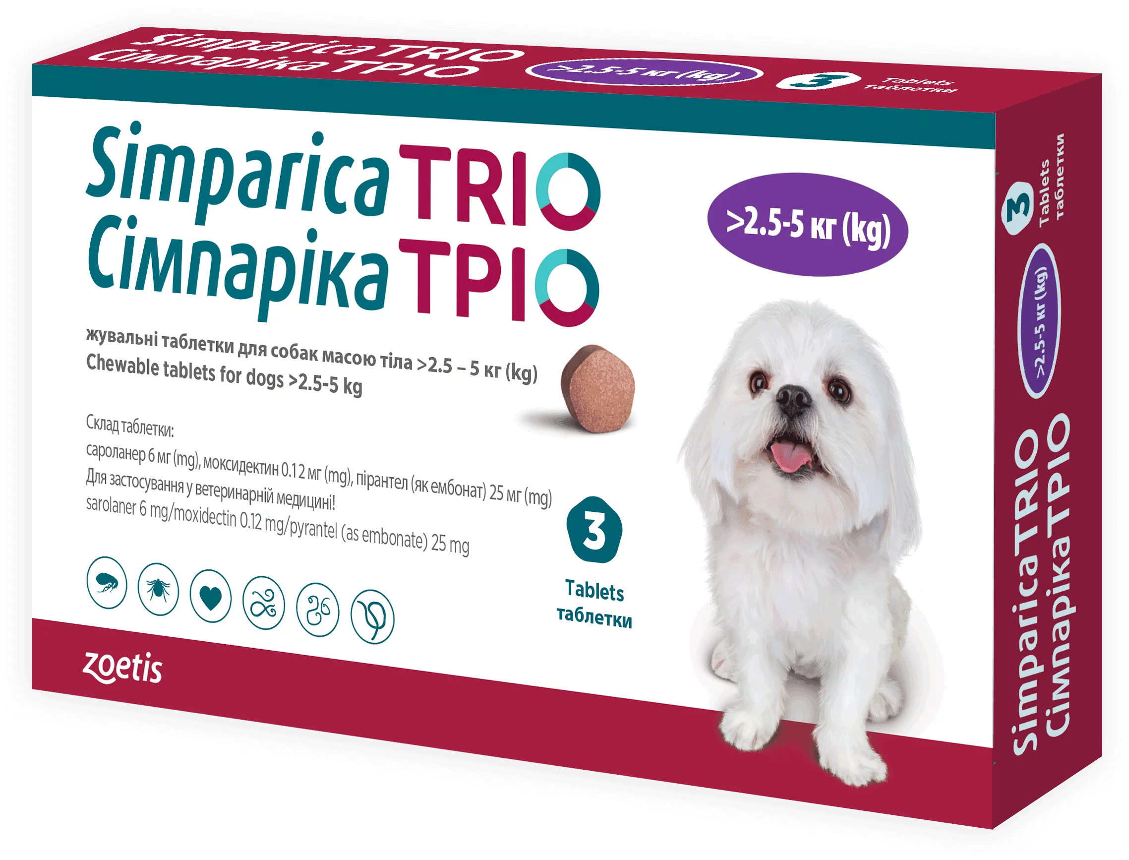 Таблетки для собак Сімпарика ТРІО 2,5-5 кг 3 табл. (34297868)