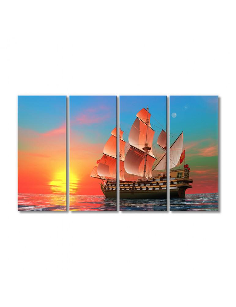Картина модульная Радужный закат и корабль с парусами 4 модуля 70x105 см (213831_Transport)