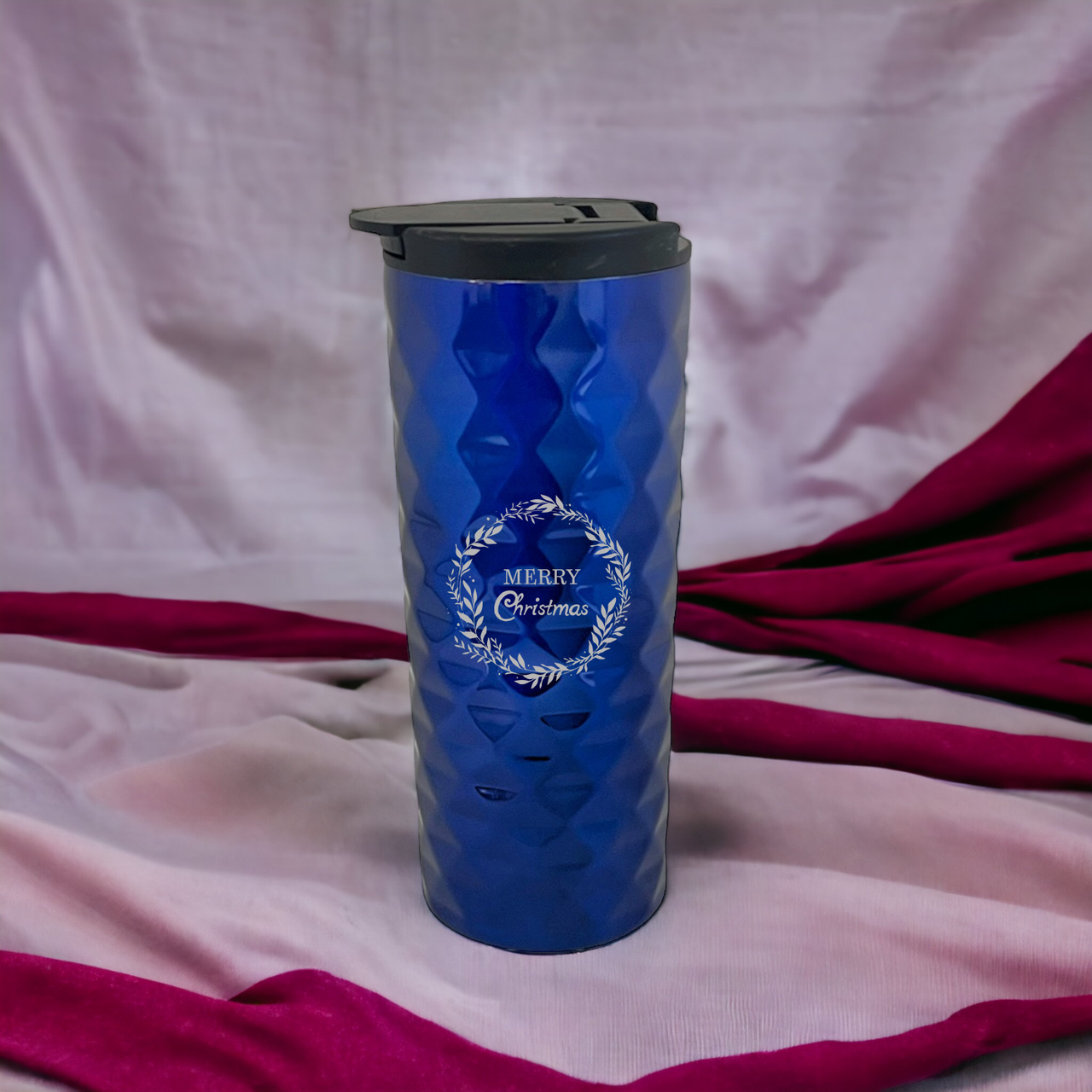 Термокружка с гравировкой "Merry Christmas!" рифленая поверхность Синий (ТСУ11)