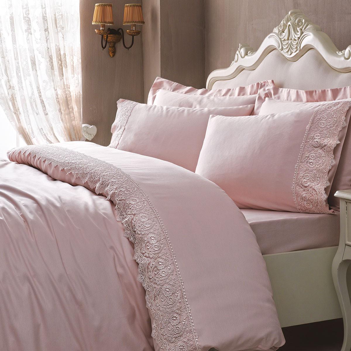 Постельное белье Tivolyo Home делюкс сатин с гипюром семейный Elegant Розовый