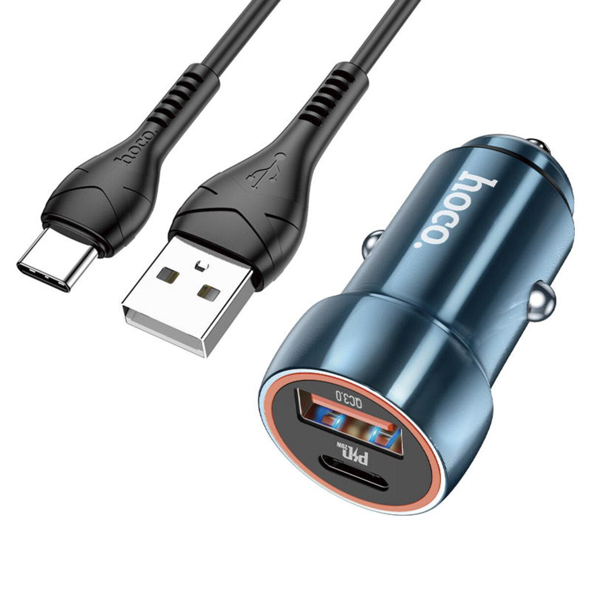 Зарядний пристрій в автомобіль Hoco Type-C для USB Cable Whale Car charger set Z46A 30W 3A Blue