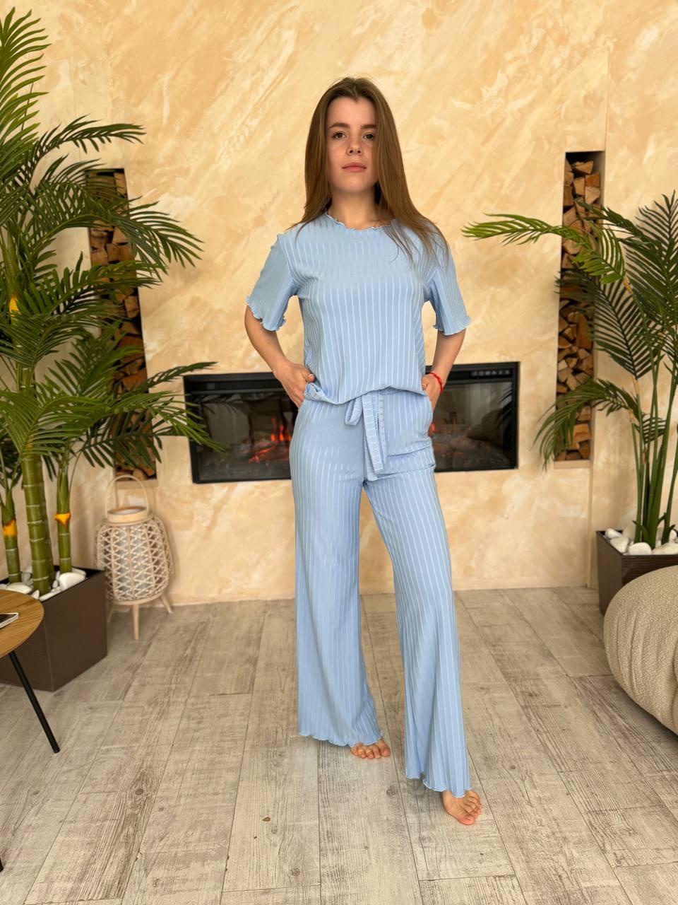 Пижама женская брюки/футболка/шорты S Голубой (F3101-1) - фото 2 Пижама женская брюки/футболка/шорты S Голубой (F3101-1) - фото 2