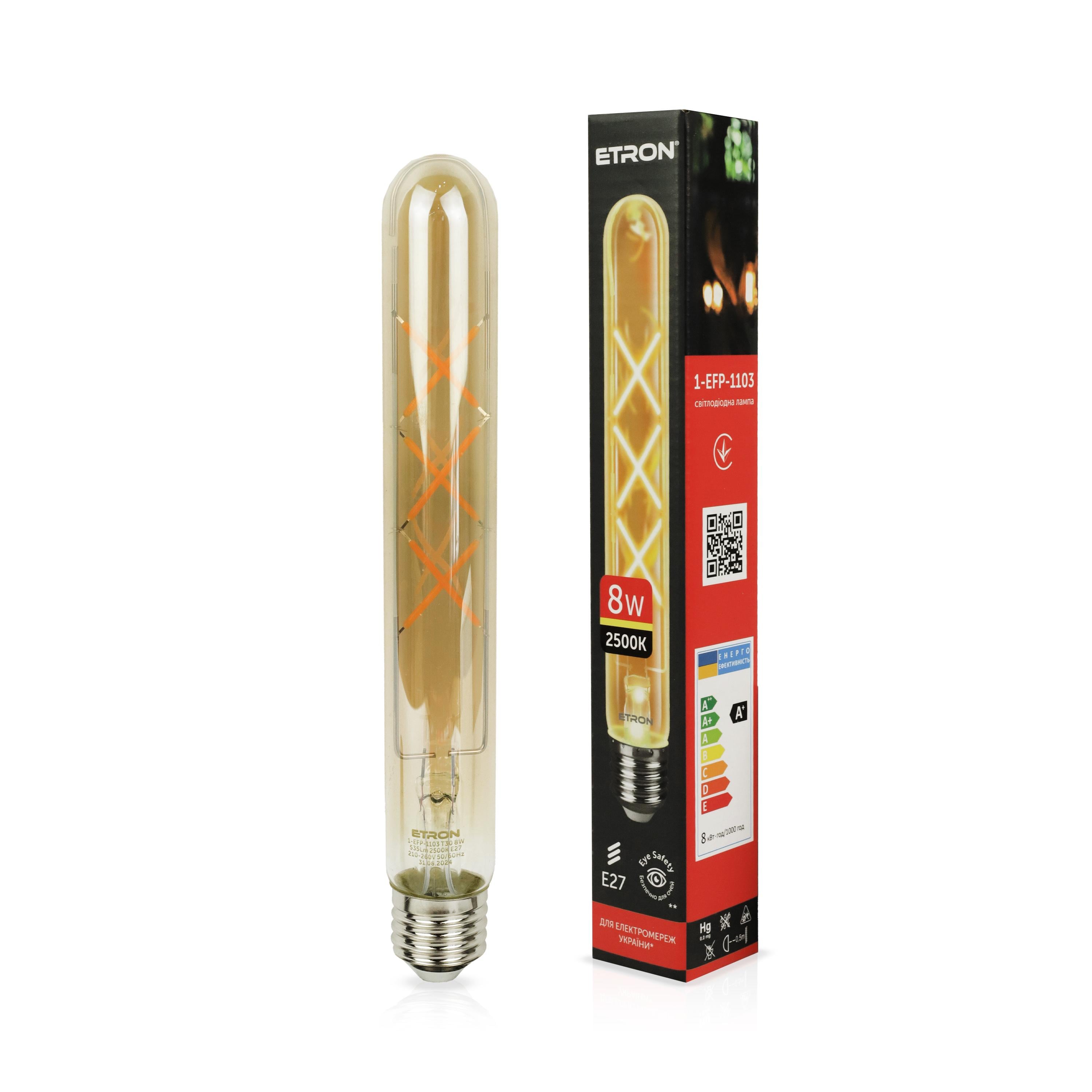 Светодиодная лампа филаментная ETRON 1-EFP-1103 8W 2500K T30 E27 Golden Светодиодная лампа филаментная ETRON 1-EFP-1103 8W 2500K T30 E27 Golden