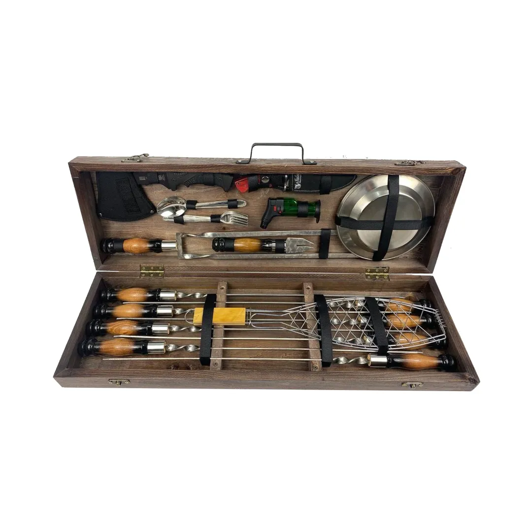 Набор шампуров в кейсе Премиум средний деревянный из нержавеющей стали (2-10-KS-7618)