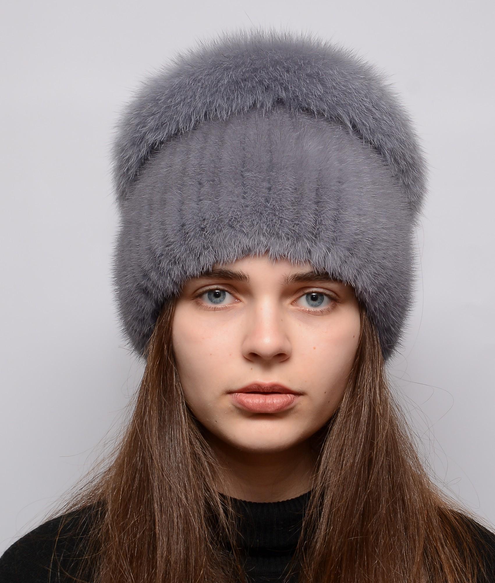 Зимова жіноча шапка Хутряний стиль Перо із в'язаної норки з бубном із песця XL-XXL Середній джинс (129/H)