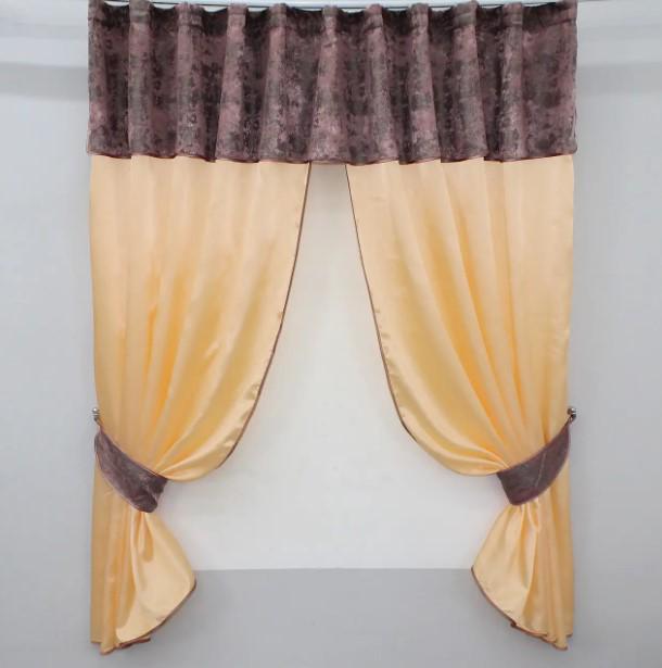 Комплект штор на кухню с ламбрекеном 270х170 см Персиковый/Малиново-серый (073к)