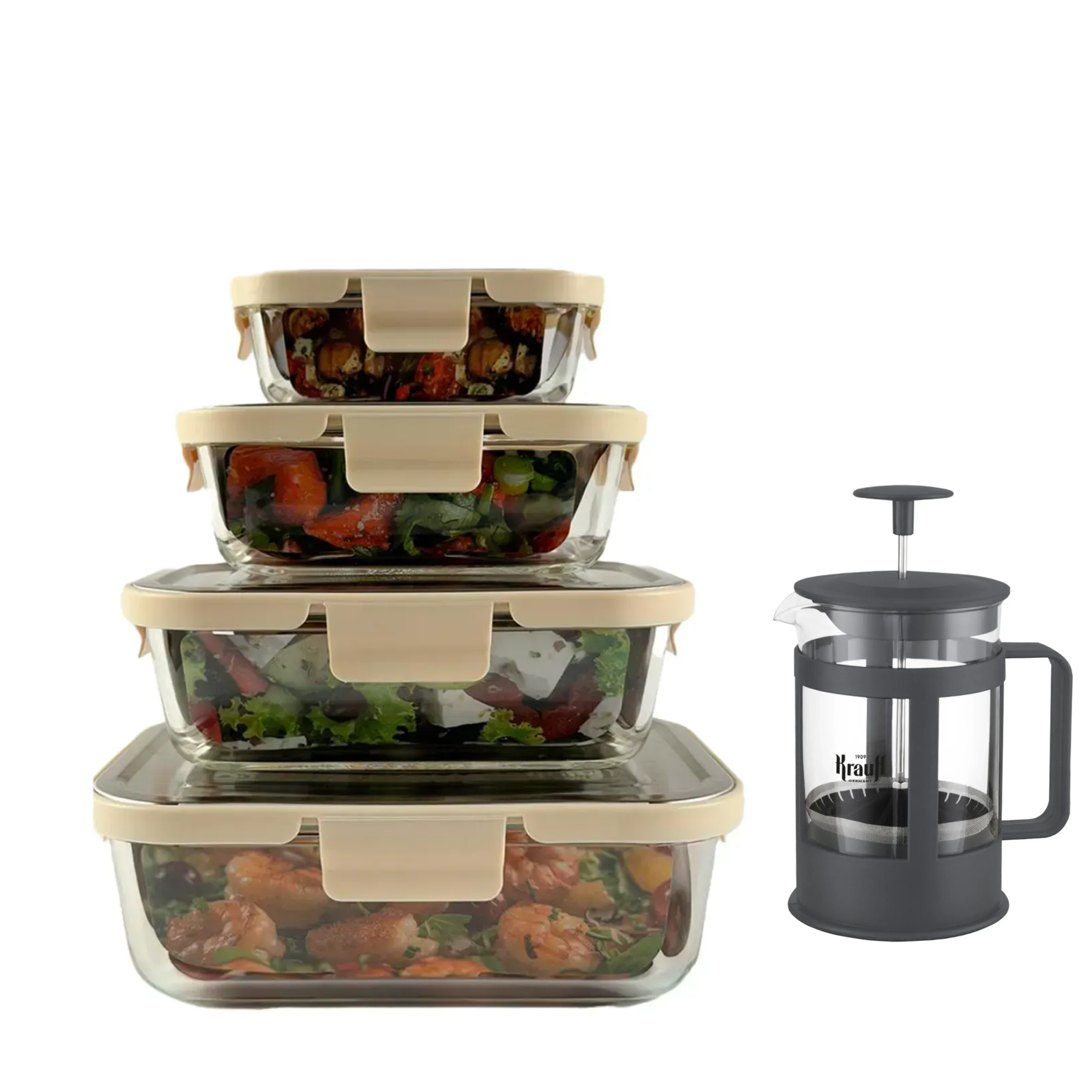 Набір харчових контейнерів скляних Krauff Loker зі френч-пресом 350 мл (55-333-660)