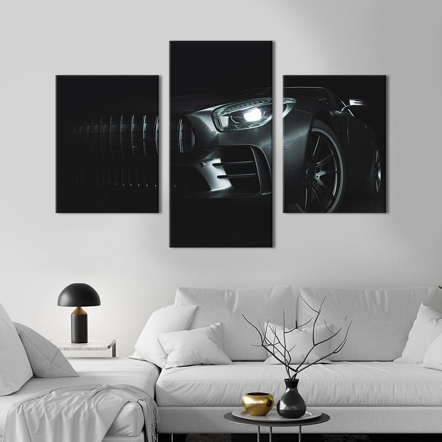 Картина на холсте триптих Утонченный чёрный автомобиль 96x60 см (1368-32)