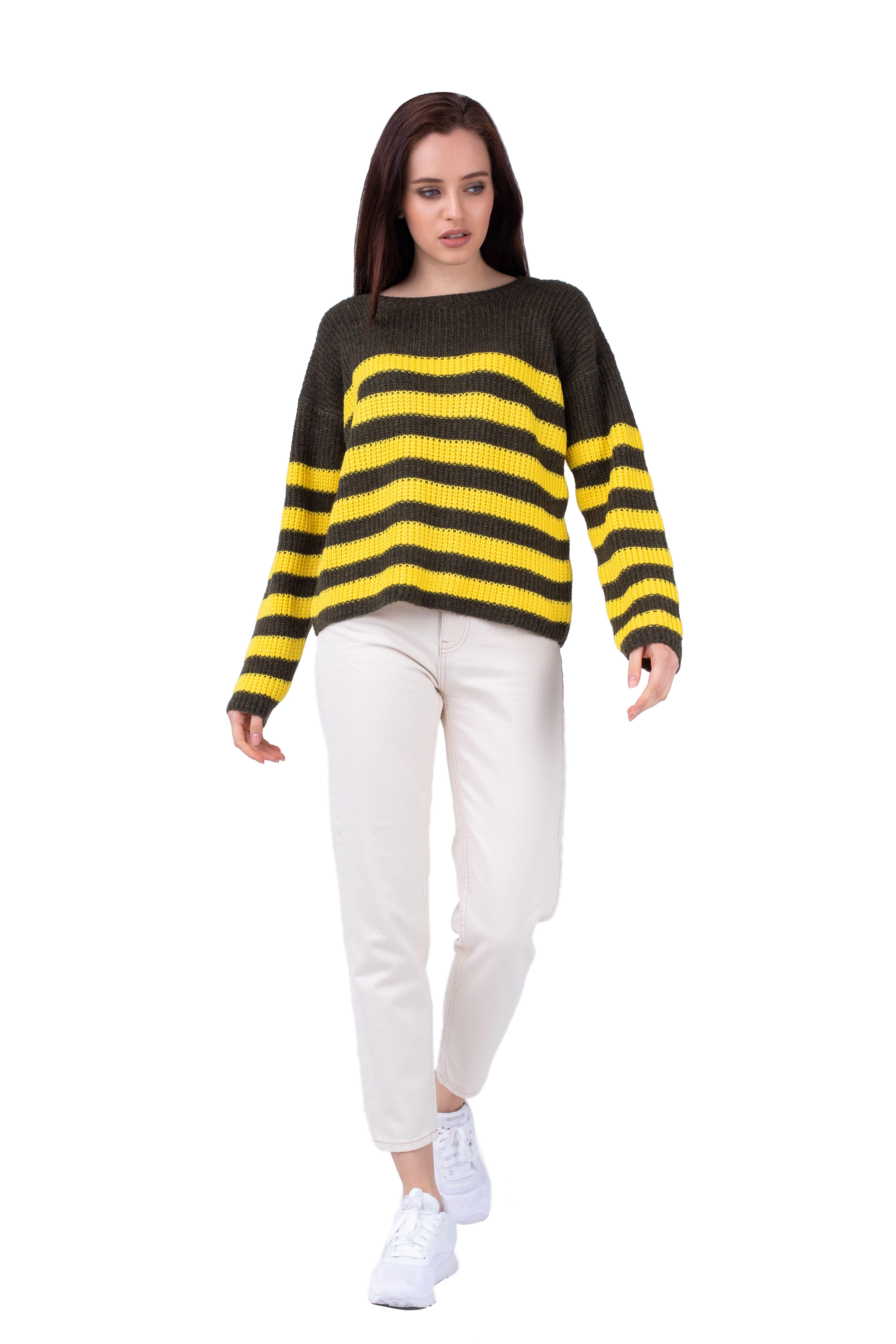 Джемпер женский в полоску XS-M Темно-оливковый/Желтый (3219)
