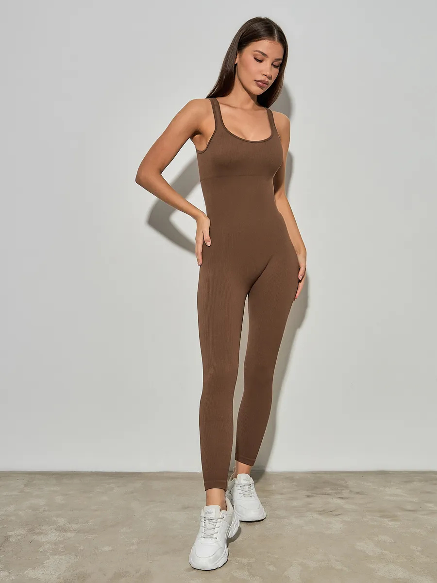 Комбинезон женский в рубчик для тренировок и повседневной работы без рукавов с лосинами для фитнеса и йоги Коричневый (70209/M) Комбинезон женский в рубчик для тренировок и повседневной работы без рукавов с лосинами для фитнеса и йоги Коричневый (70209/M)