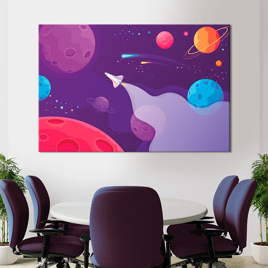 Картина на холсте Космический корабль и яркие планеты 80x54 см (V222-1_L)