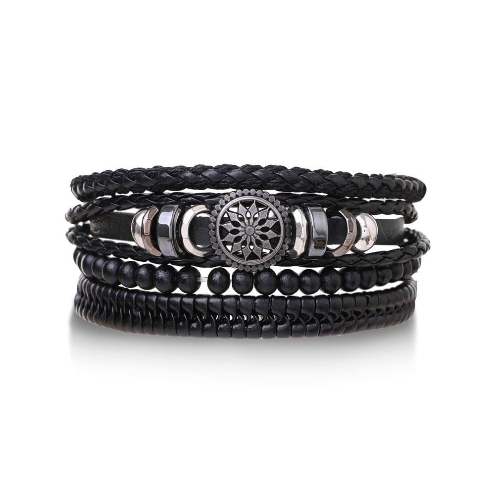 Набор браслетов мужских плетеных кожаных универсального размера с металлическими вставками (NR0515)