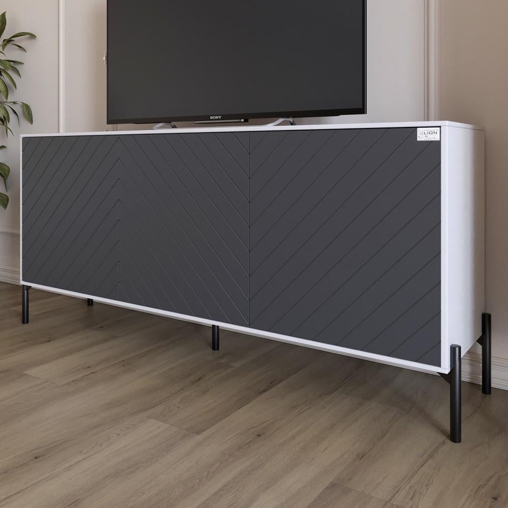 Тумба под телевизор с черными металлическими ножками Lion Амарант 168x40x76,5 см Нимфея Альба белый/графитовый (Lion-043017)