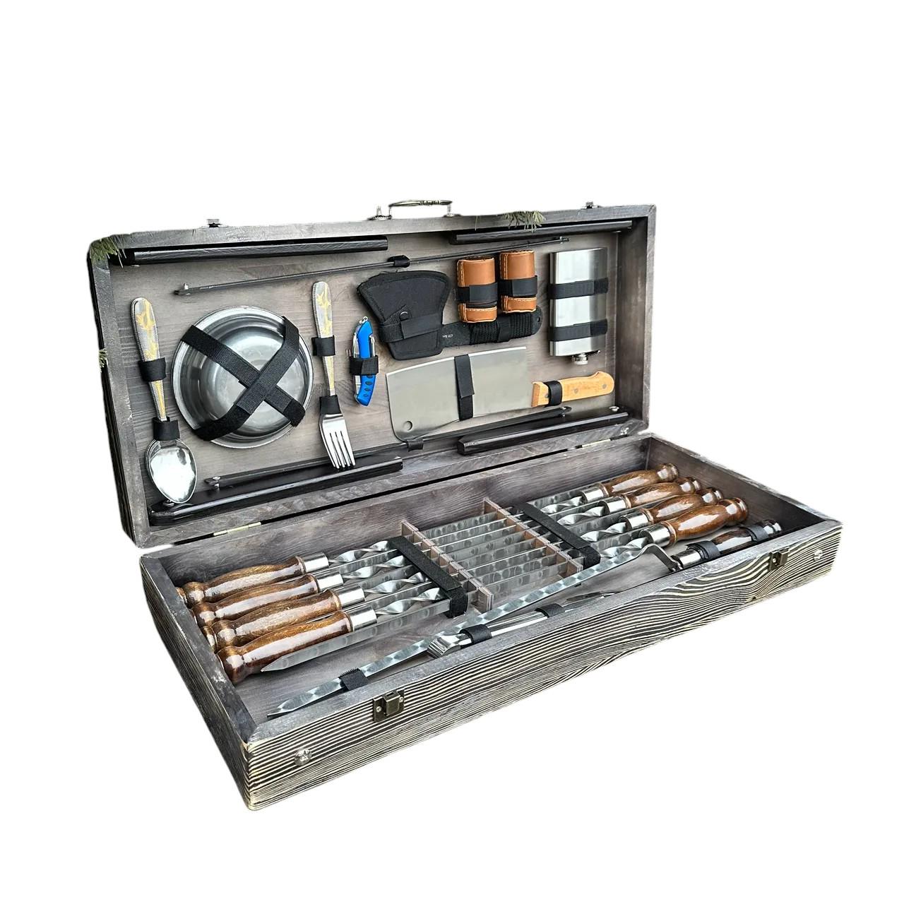 Подарунковий набір шампурів Mzavod Пікнік із нержавіючої сталі в дерев’яному кейсі-стілі 680x300x110 мм (136-17-1191510000860) - фото 2