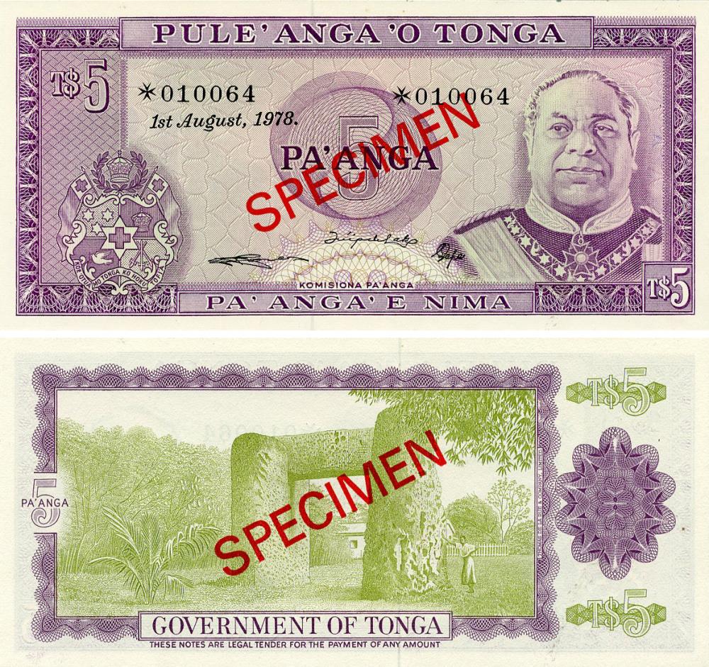 Коллекционная банкнота Тонга 5 паанга 1978 UNC Specimen (P21s)