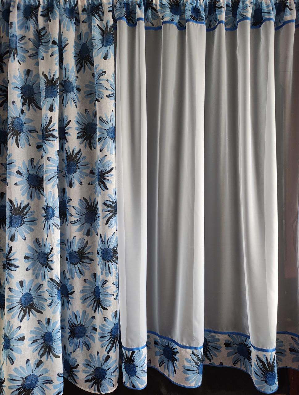 Комплект на кухонне вікно Ромашка шифон і батист з квітами 290х190 см Білий/Блакитний (ромашка-03) - фото 4 Комплект на кухонне вікно Ромашка шифон і батист з квітами 290х190 см Білий/Блакитний (ромашка-03) - фото 4
