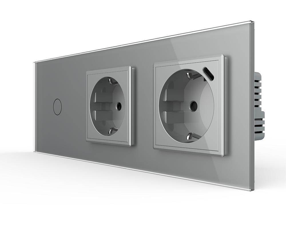 Вимикач розумний Livolo сенсорний із розеткою USB Type-C 18 Вт із заземленням скло Сірий Вимикач розумний Livolo сенсорний із розеткою USB Type-C 18 Вт із заземленням скло Сірий