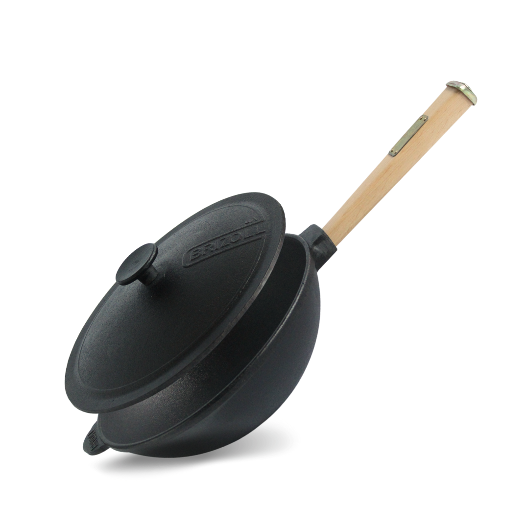 Сковорода чугунная Brizoll с деревянной ручкой и чугунной крышкой WOK 2,8 л (32551012)