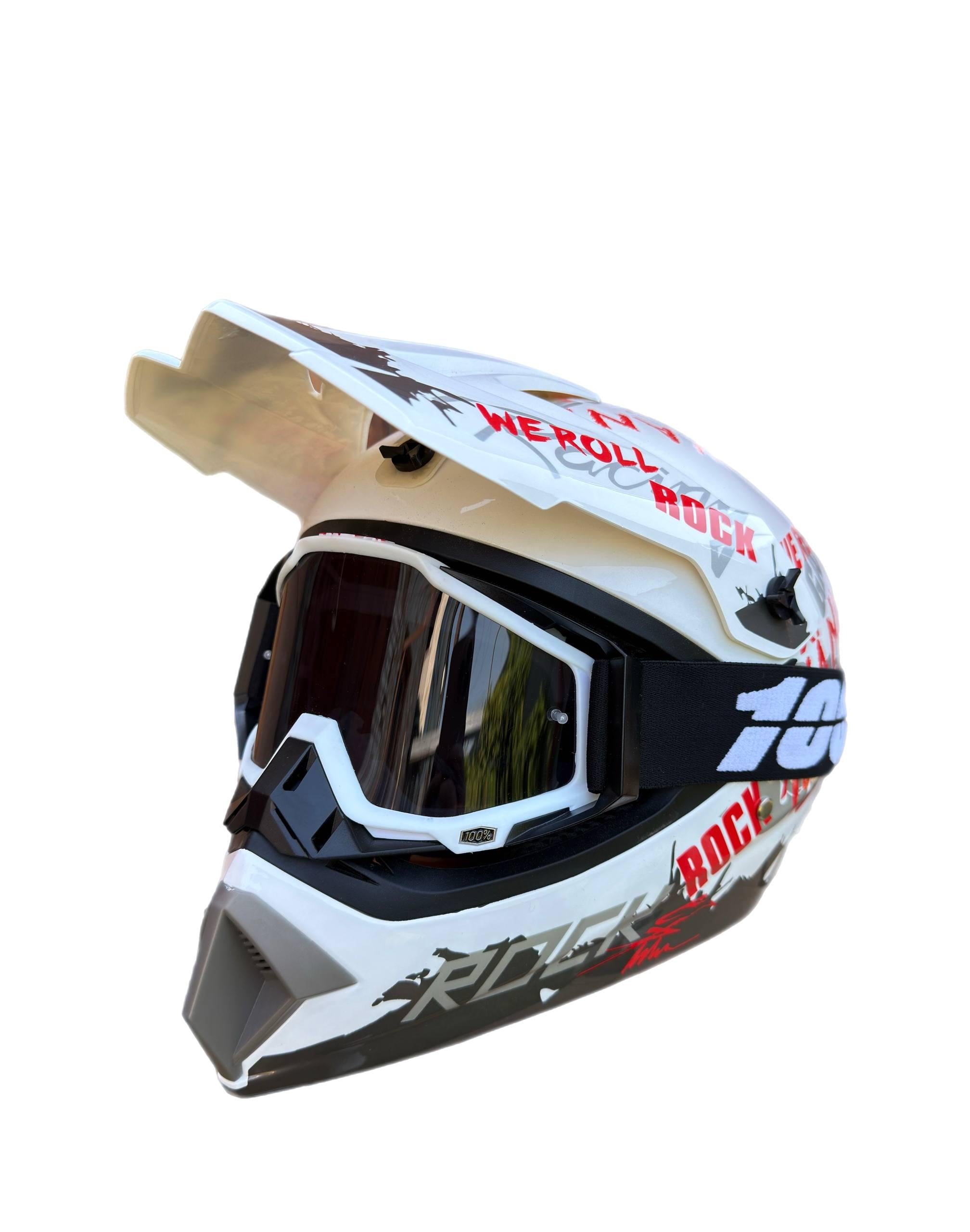 Мотошлем эндуро кроссовый Helmet Rock L Бело-красный и очки Profi 100% стекло черное Черно-белый (0354)