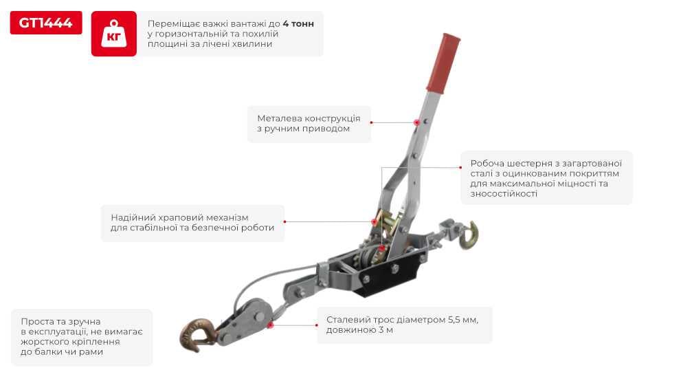 Лебедка рычажная Intertool GT1444 тяговое усилие 4 т 2,5 м 5,5 мм рабочая длина 1,20 м (10267346) - фото 6