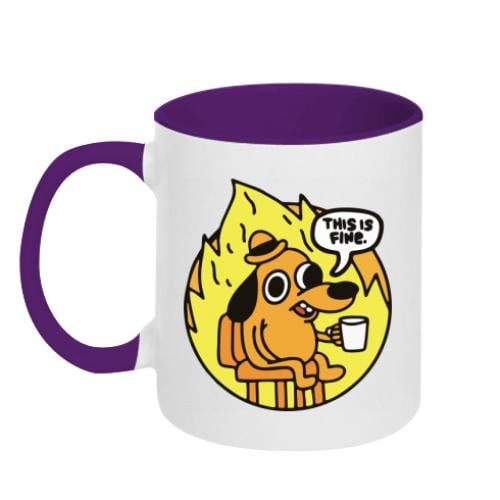 Чашка двухцветная This is fine dog meme 320 мл Белый с фиолетовым (14744200-41-188283)