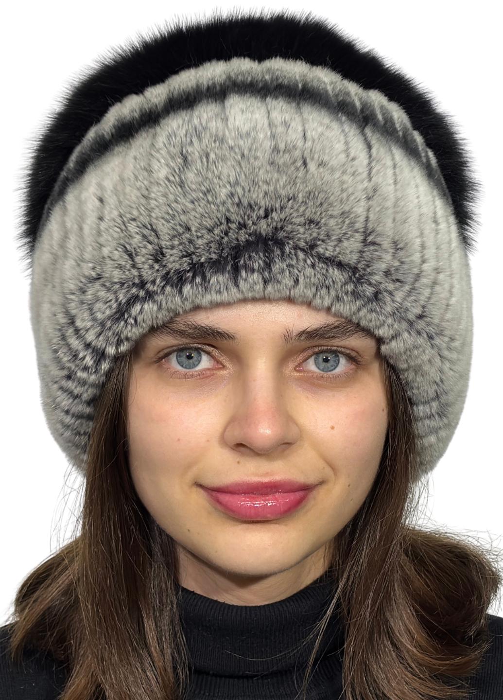 Шапка женская Меховой стиль Стрекоза Шиншилл из меха кролика с бубоном из меха песца (313/A)