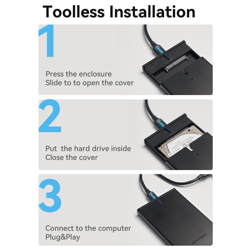 Корпус Vention для SSD/HDD 2,5"/5 Гбит/с USB 3.0 до SATA III с кабелем USB-Micro-USB Type-B Micro-B Черный (KPAB0) - фото 10