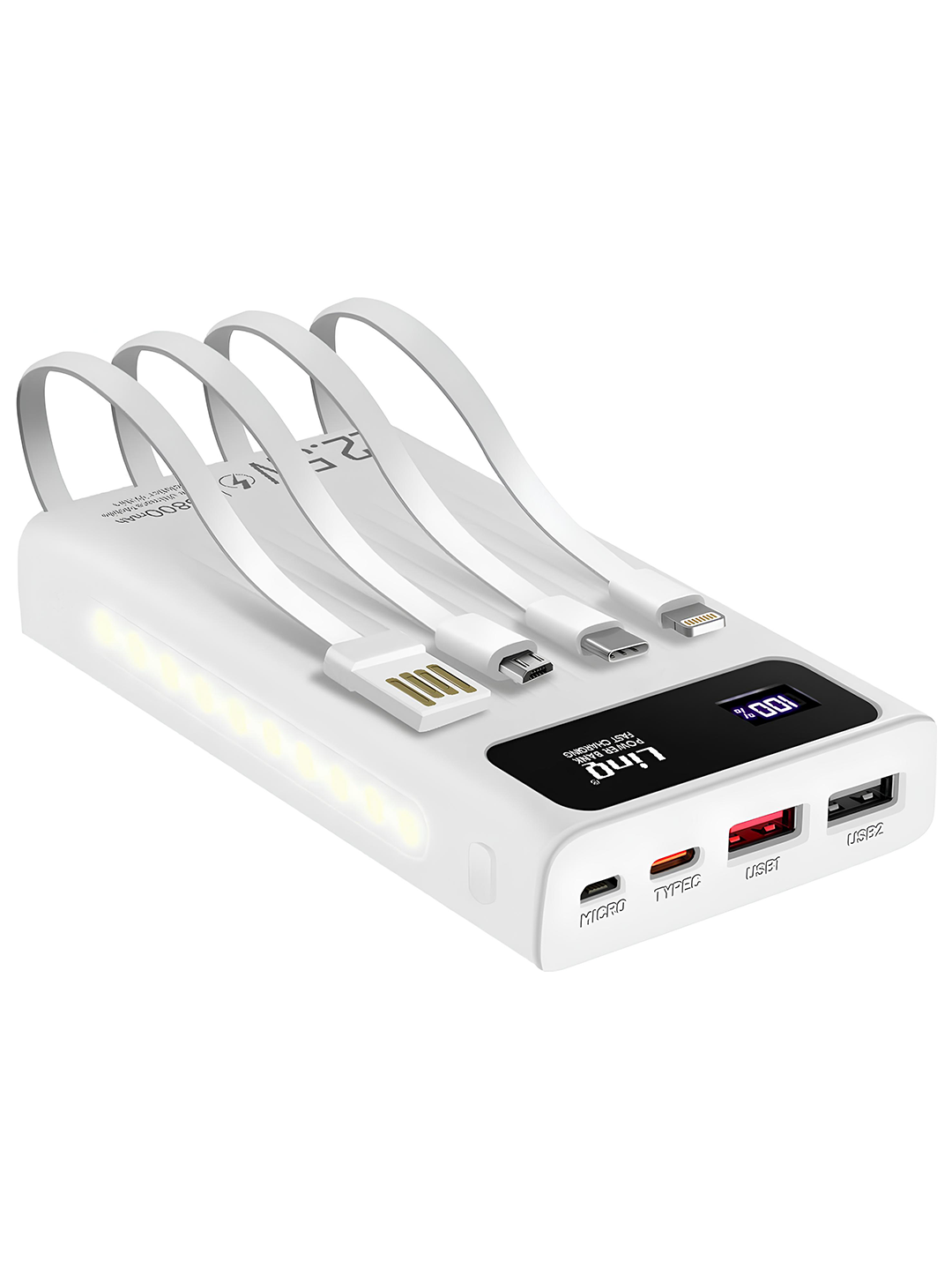 Повербанк с фонариком и дисплеем LinQ 25000 mah 4 кабеля быстрая зарядка Белый (6c98c646)
