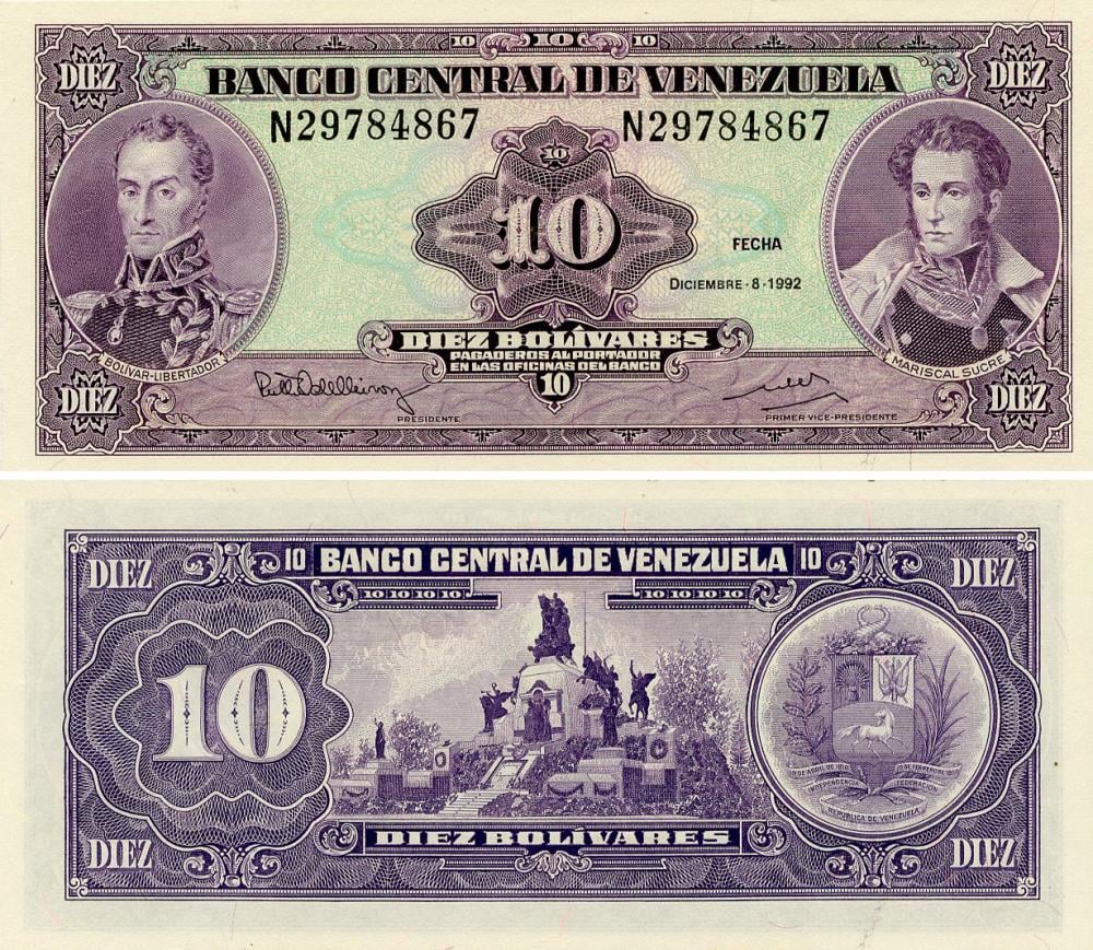 Коллекционная банкнота Венесуэла 10 боливар 1992 AU-UNC (P61c)