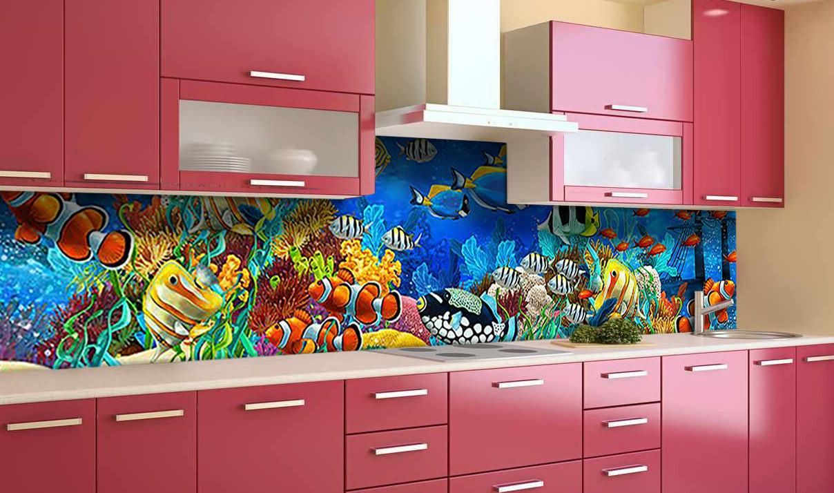 Кухонный фартук Тропические рыбы яркий подводный мир из самоклеющейся виниловой пленки 60х250 см Голубой