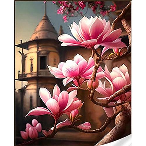 Алмазная мозаика Strateg Премиум Сакура на фоне китайской пагоды 30x40 см (Str-HEG86904)