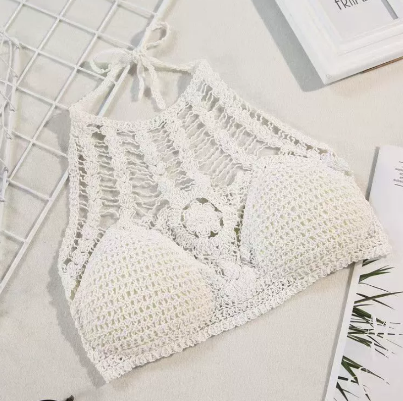 Топ-бюстгальтер высокий вязаный под шею на завязках S/M Белый (22-92-1576-Б)