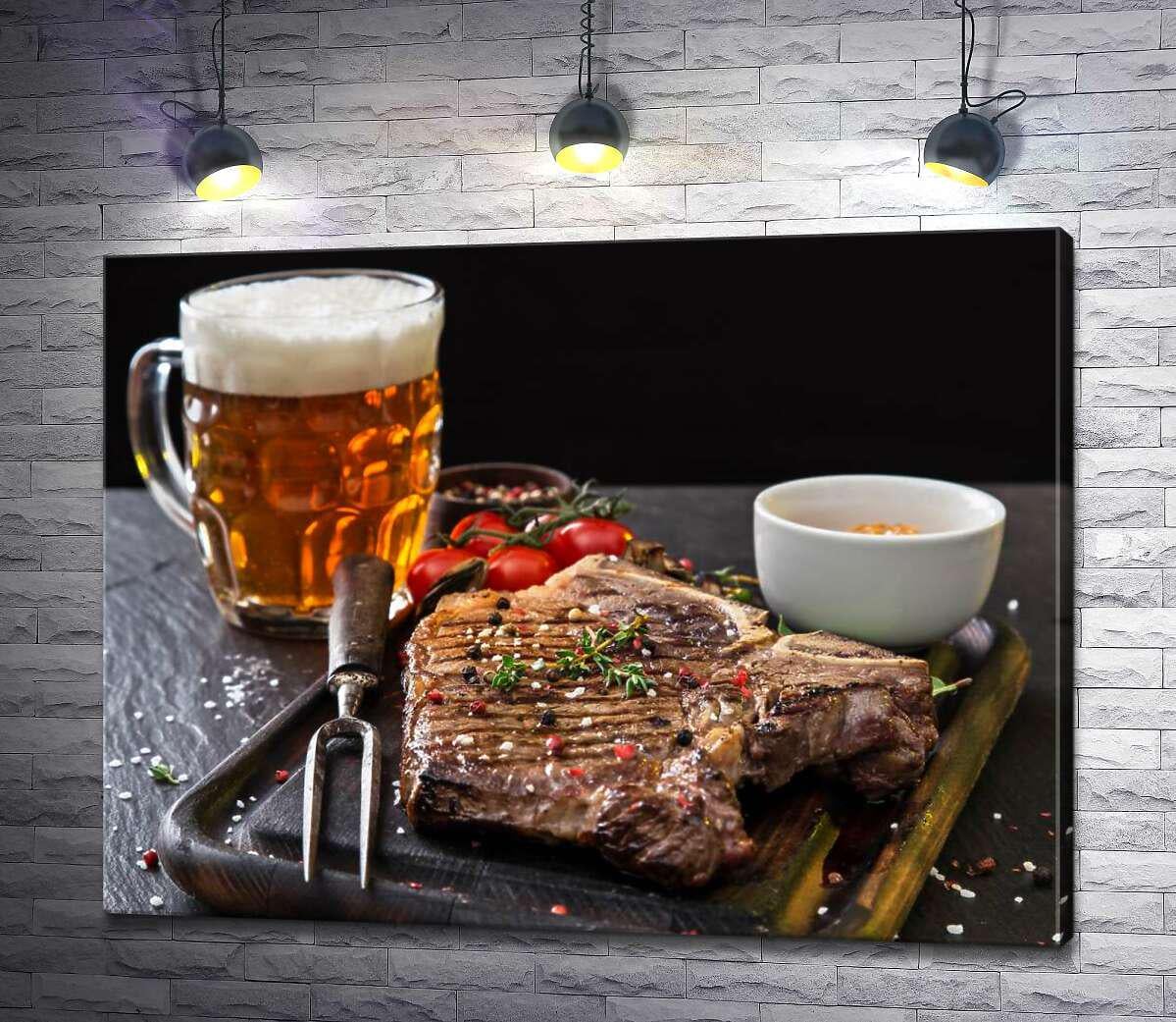 Картина ArtPoster Мясо со специями на закуску к бокалу пенистого пива 130x99 см Модуль №1 (001295)