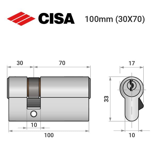 Циліндр замка ключ/ключ Cisa C2000 100 30x70 нікель матовий (37961) - фото 4