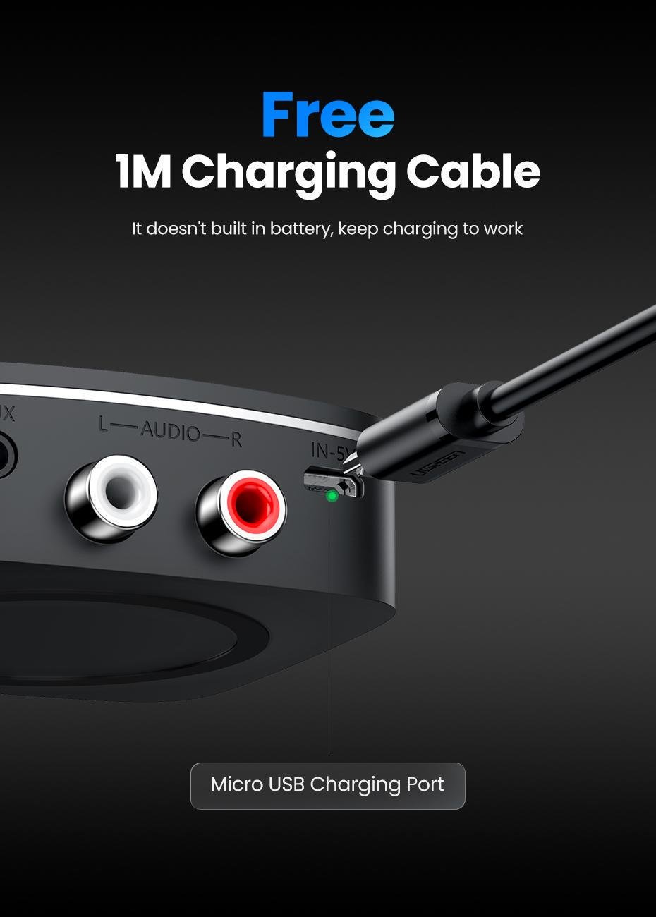 Адаптер UGREEN Bluetooth 5.1 приймач aptX HD Hi-Res 3,5 мм minijack AUX/2RCA-micro USB Аудіо AAC/SBC стерео Чорний (40759) - фото 4