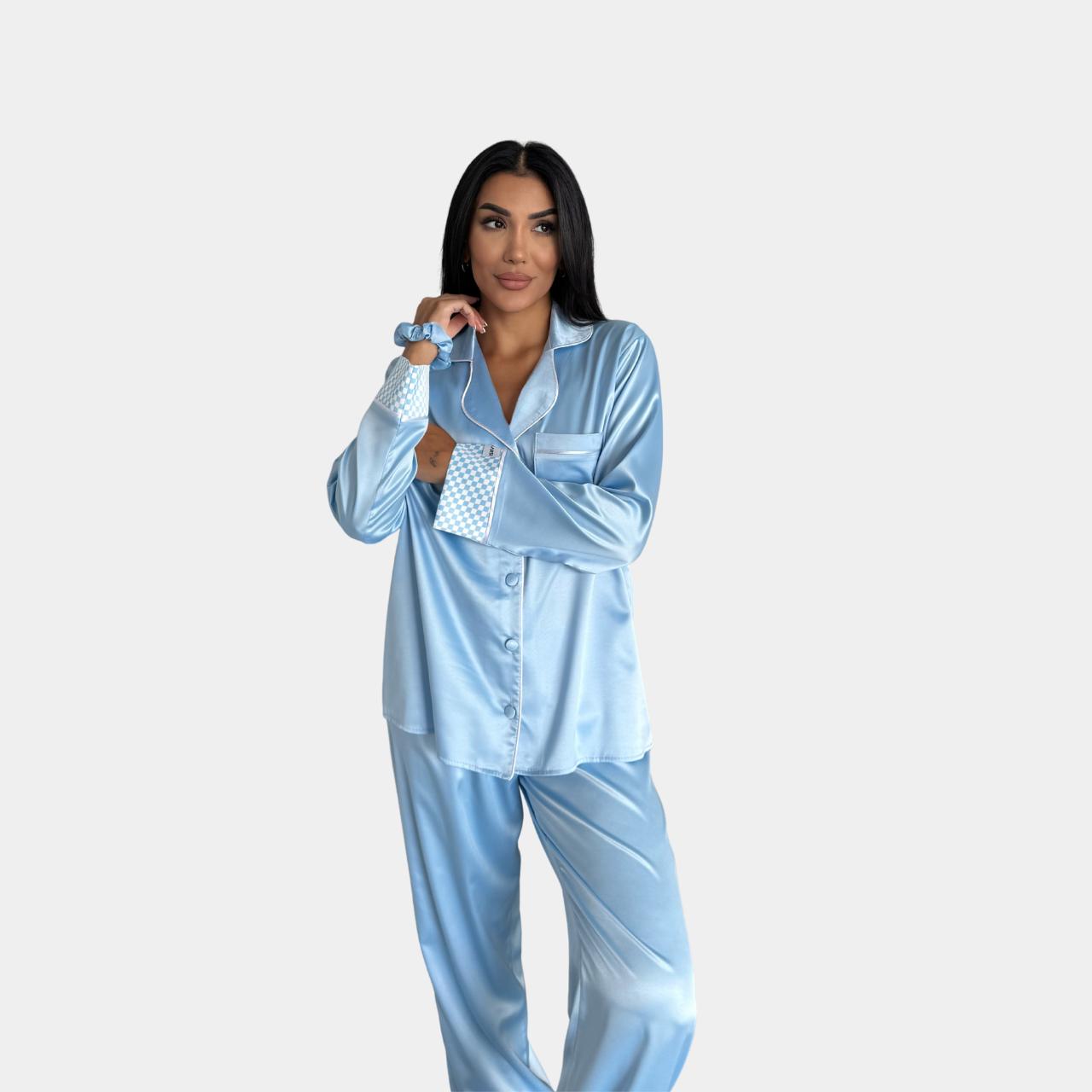 Піжама жіноча сатинова з контрастними манжетами S Блакитний (1291) - фото 3 Піжама жіноча сатинова з контрастними манжетами S Блакитний (1291) - фото 3