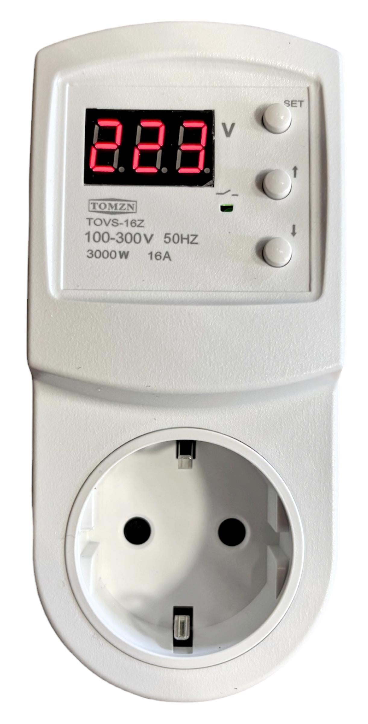 Реле напряжения 16 А 3000 W 100-300 V евро вилка с термозащитой с дисплеем регулируемое TOMZN