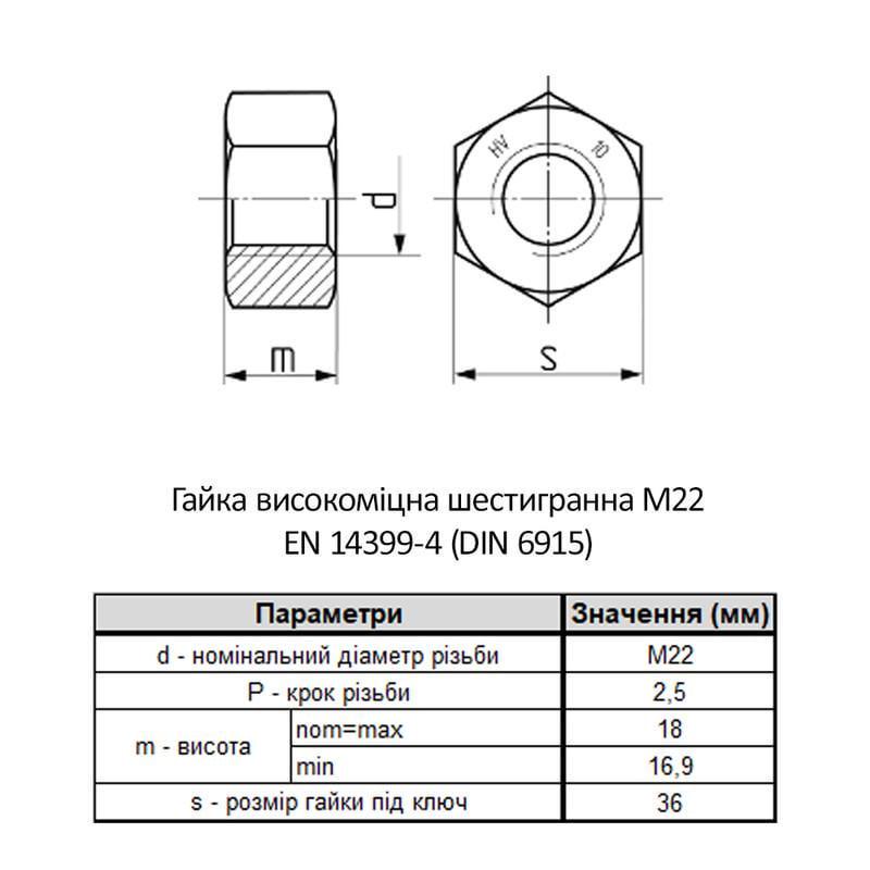 Гайка шестигранна VARVIT M22 EN14399/4 сталь 10 крок 2,5 під ключ 36 мм без покриття 25 шт. (6HV0000006HV2200E0) - фото 2